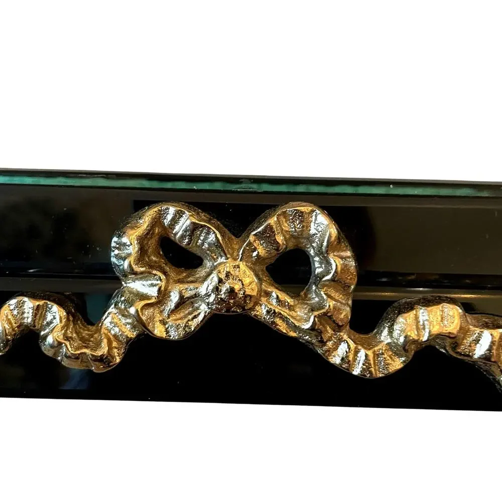 Black Lacquered Box with Gold Bow Motif 8.5 x 4.5 Made in India NEW